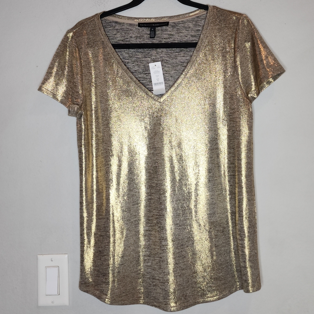 NWT WHBM Gold Metallic V-Neck Top Stretchy Knit Short Sleeve Tee Shirt Sz Medium